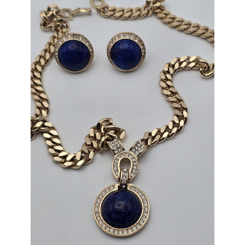 Vintage Christian Dior Signed Necklace & Matching Earrings, Gold-Tone w Crystals
